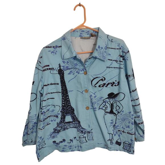 Vintage Jane Ashley Woman Jacket Size 1X Blue Paris Print Lightweight Artsy - Picture 1 of 6